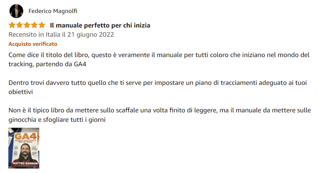 Foto recensione di Federico su Amazon del libro Google Analytics 4 per chi inizia di Matteo Zambon e Tag Manager Italia