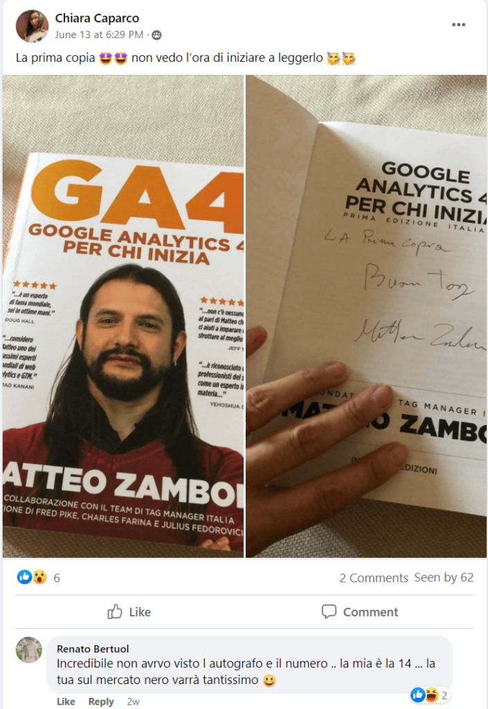 Foto con testimonianza di Chiara del libro su GA4 Google Analytics 4 per chi inizia - Matteo Zambon e Tag Manager Italia